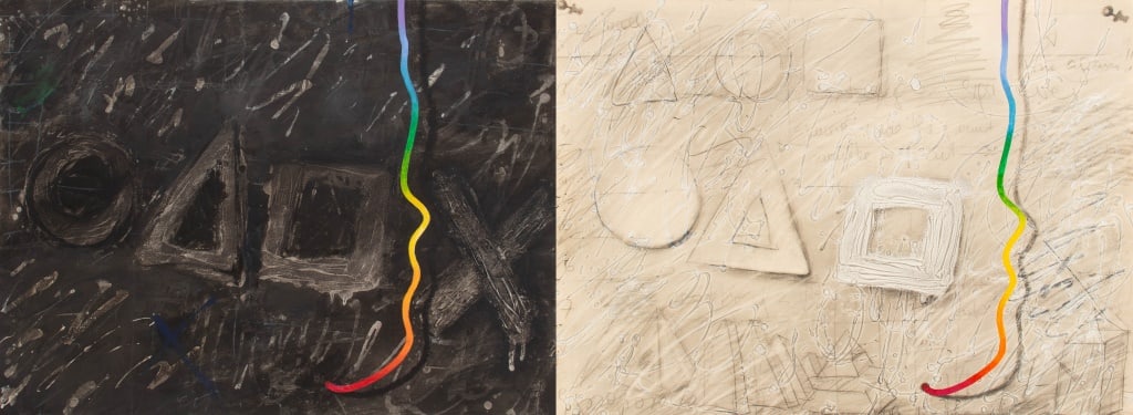 Elfi Schuselka Abstractions Mixed Media, 2: Elfi Schuselka (Austrian, b. 1940), Two Abstract Compositions, Mixed Media Works on Paper, one black ground on grey each with rainbow ribbon, grey signed lower right, other apparently unsigned, each
