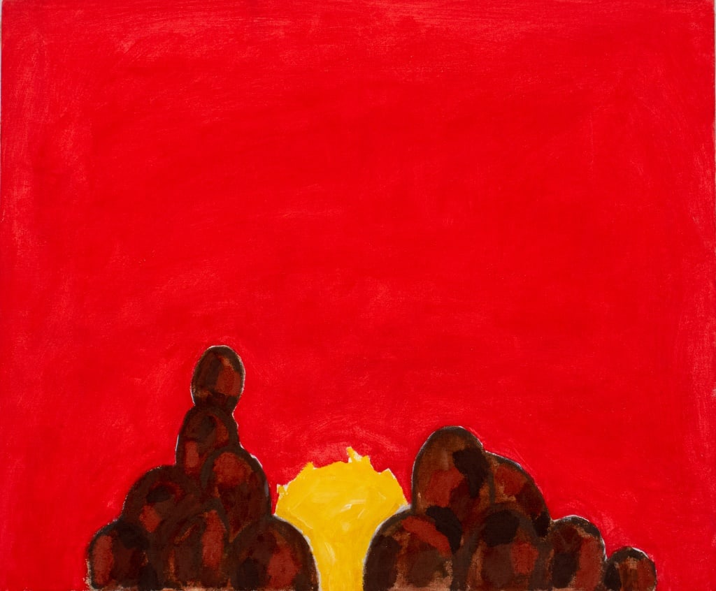 Domenick Capobianco Abstract Oil on Canvas: Domenick Capobianco (American, b. 1928), Abstract Composition on Red Ground, Oil on Canvas, unsigned, "Studio Domenick Capobianco" stamp top edge, unframed. 20" H x 24" W. Provenance: Property from th