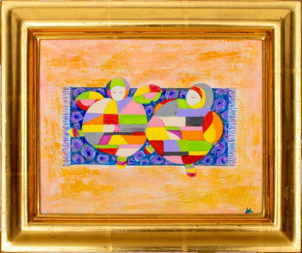 Kayo Lennar "Petit Tapis #2 Timidity" Oil, 1998: Kayo Lennar (French/American, b. 1923), "Petit Tapis #2 Timidity", Oil on Canvas, 1998, signed "KL" lower right, signed, titled, and dated verso, giltwood frame. Image: 7.25" H x 9.25" W; frame: 10.75