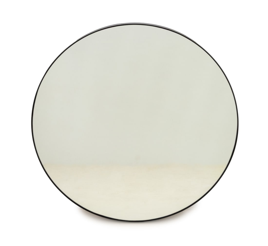 Minimalist Circular Wall Mirror: Minimalist Circular Wall Mirror, with bronzed iron frame. 36" Diameter. Provenance: From a Brooklyn Collection. Keywords: Looking glass, Vanity, Wall hanging, Minimalism, Interior design, Decorative A