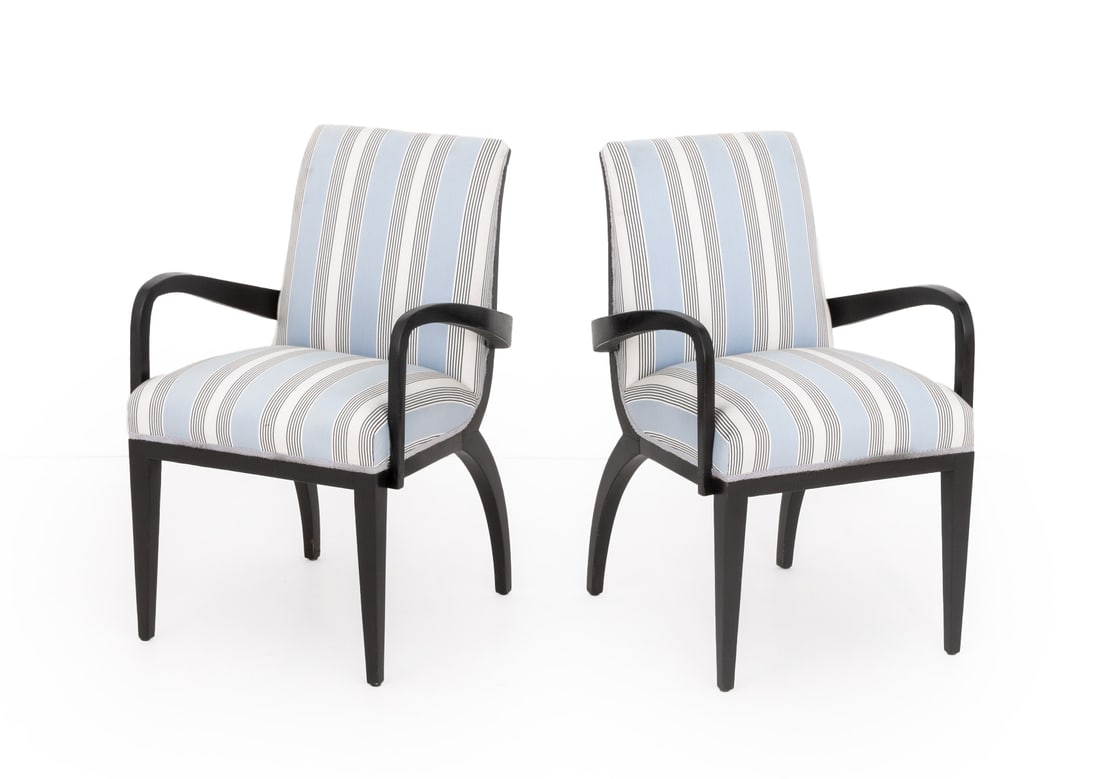 Contemporary Ebonized Armchairs, Pair: Pair of Contemporary Ebonized Arm Chairs, with blue and white striped cotton upholstery. 34.5" H x 20" W x 22" D; seat: 19.5" H. Provenance: From a Greenwich, Connecticut Estate. Keywords: Modern Furn