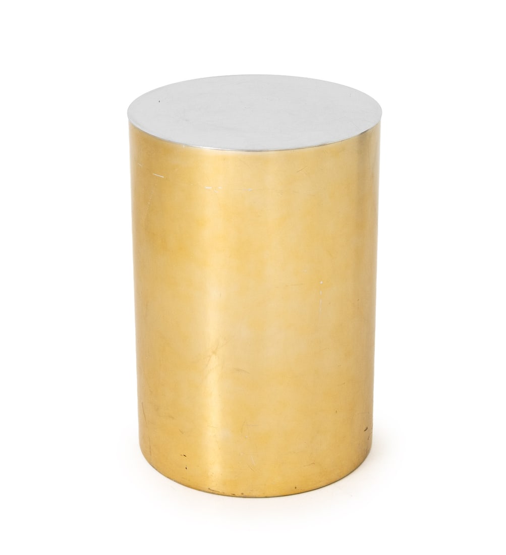 Modern Chrome and Gold-Tone Cylindrical Side Table: Modern Minimalist Chrome and Gold-Tone Cylindrical Side Table. 20.75" H x 14.25" Diameter. Provenance: From a New York City Collection. Keywords: Modern Furniture, Vintage Furniture, Milo Baughman sty