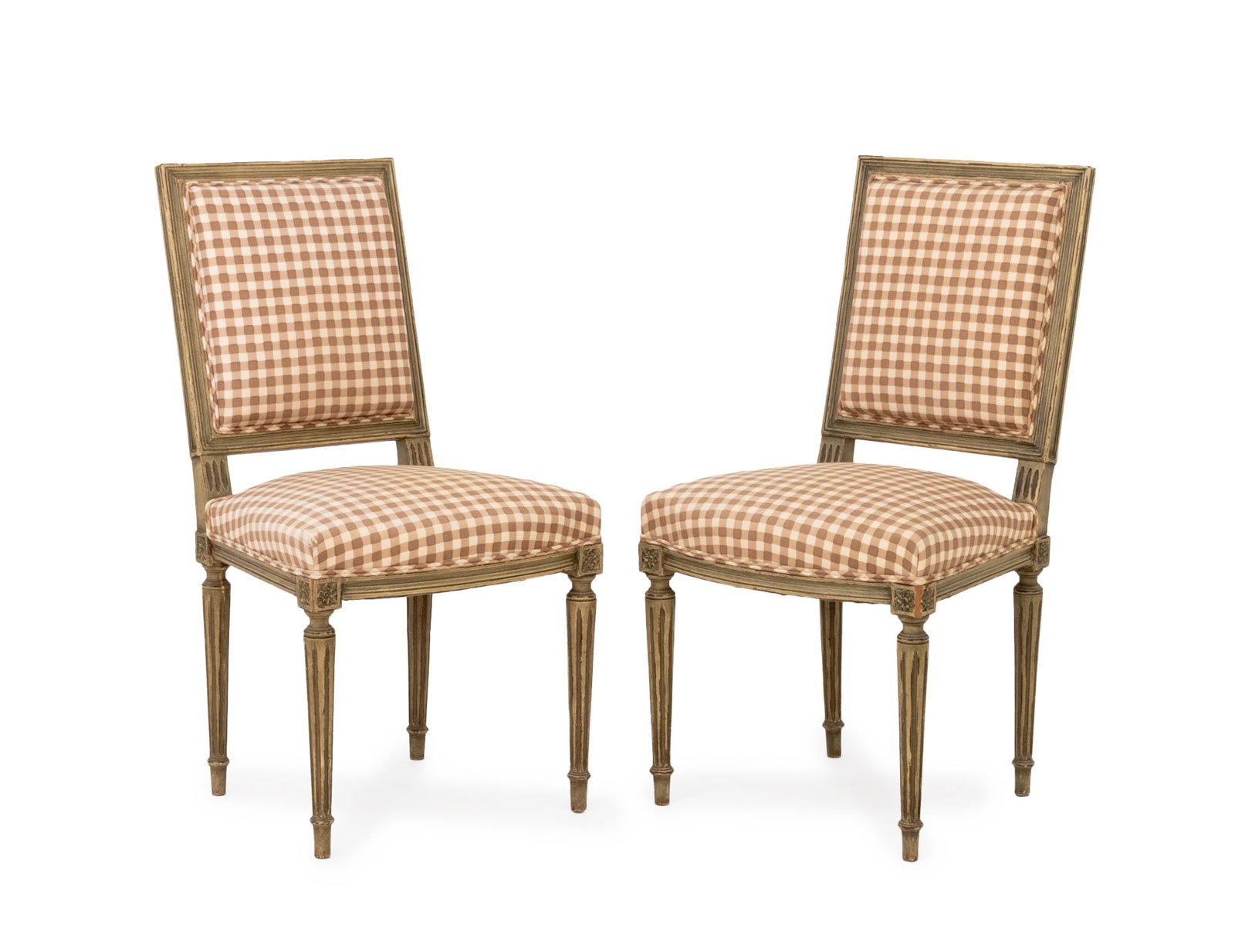 Louis XVI Style Gingham Upholstered Chairs, Pair: Pair of Louis XVI Style Brown Gingham Pattern Upholstered Chairs, each distressed wood frame upon four fluted legs. 35.25" H x 19" W x 18" D; seat: 18" H. Provenance: From a Connecticut Estate. Keywor