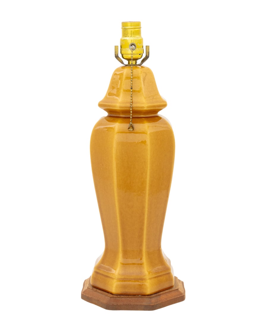 Modern Mustard Glazed Ginger Jar Mounted as a Lamp: Modern Mustard Glazed Ceramic Ginger Jar Mounted as a Lamp, mounted on octagonal wood base. 18" H x 7.25" Diameter. Provenance: From a Connecticut Estate. Keywords: Christopher Spitzmiller Style,