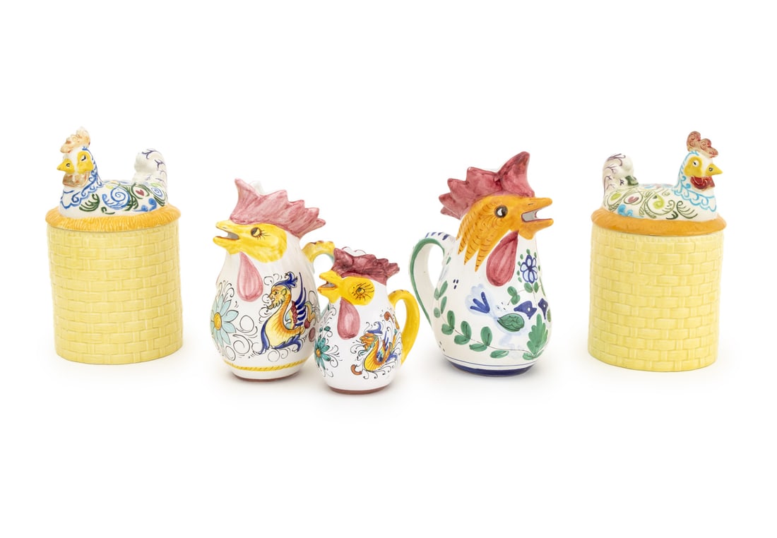 Signed, Etc. Ceramic Tableware Pieces, 5 Pcs.: Group of Five Ceramic Tableware Pieces, comprising: pair of Mary Harrison cylindrical covered jars, 1970, with hen form lid on basket weave base, signed and dated to underside and (3) graduated painte