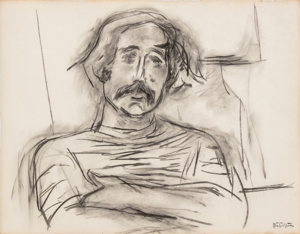 Manfred Schwartz Portrait of Man Charcoal on Paper: Manfred Schwartz (American, born Poland, 1909-1970), Portrait of a Man, Charcoal on Paper, with the artist's signature stamped lower right, unframed. 20" H x 25.75" W. Provenance: From a 35 East 75th