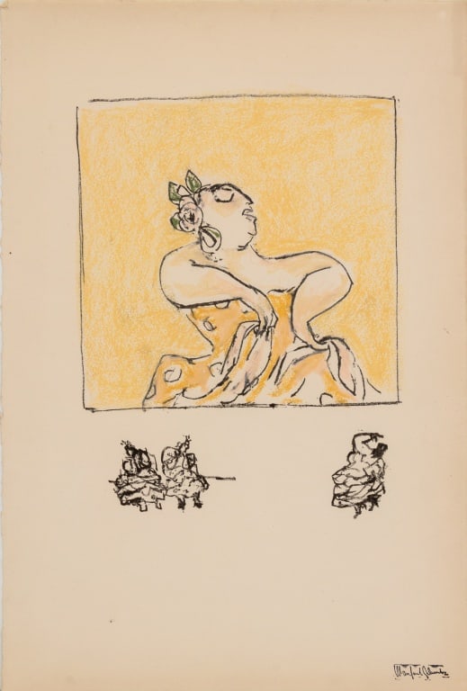 Manfred Schwartz Flamenco Dancer Mixed Media: Manfred Schwartz (American, born Poland, 1909-1970), Flamenco Dancer, Lithograph and Pastel on Paper, three dancing figures underneath, with the artist's signature stamped lower right, unframed.