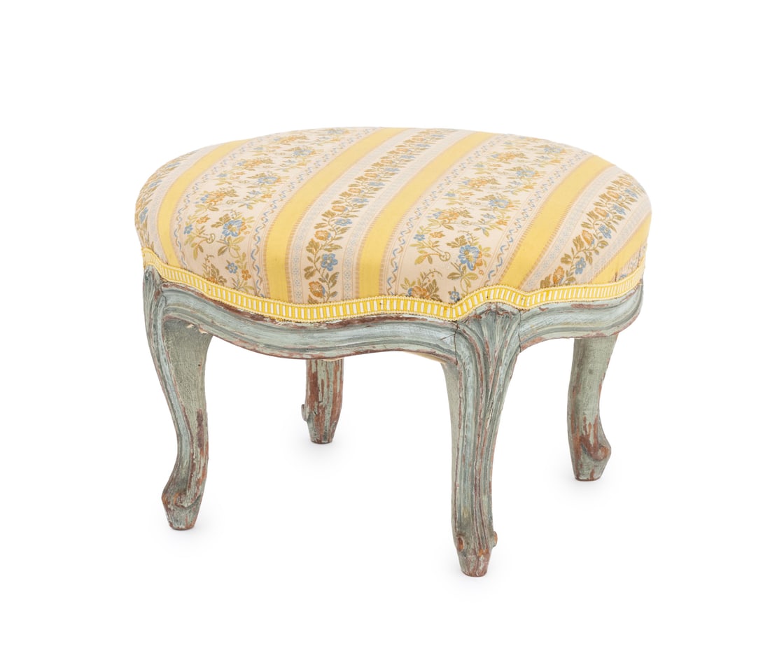 Louis XVI Style Floral Silk Embroidered Footstool: Louis XVI Style Floral Silk Embroidered Circular Footstool, with distressed blue painted base and four fluted tapered legs. 9" H x 14" Diameter. Provenance: From a Connecticut Estate. Keywords: