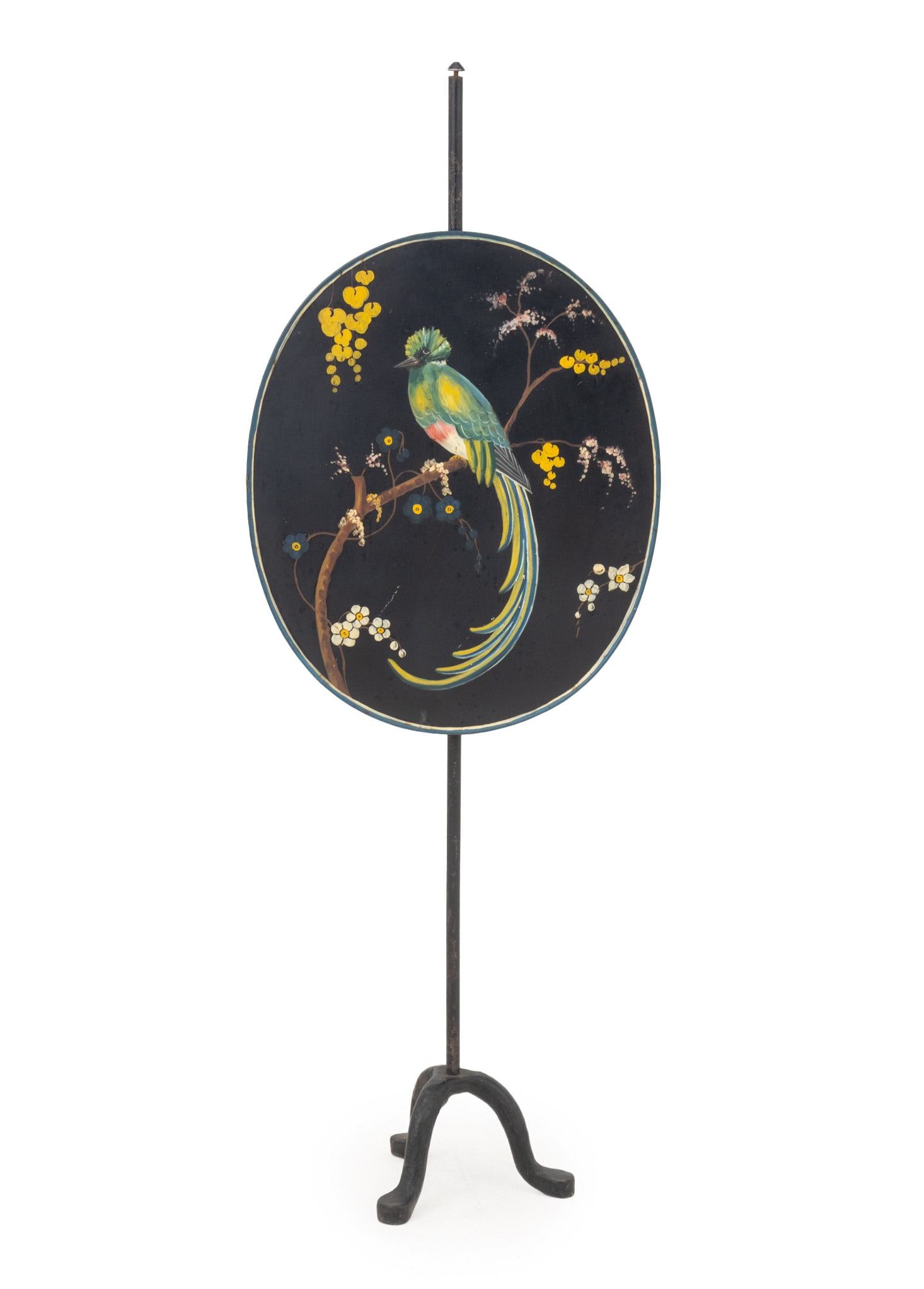 Tole Painted Wrought Iron Fire Pole: Tole Painted Wrought Iron Fire Pole, the oval screen with painted Quetzal perched on a branch. 53.25" H x 18.75" W x 11" D. Provenance: From a Connecticut Estate. Keywords: Antique Furniture, Fire