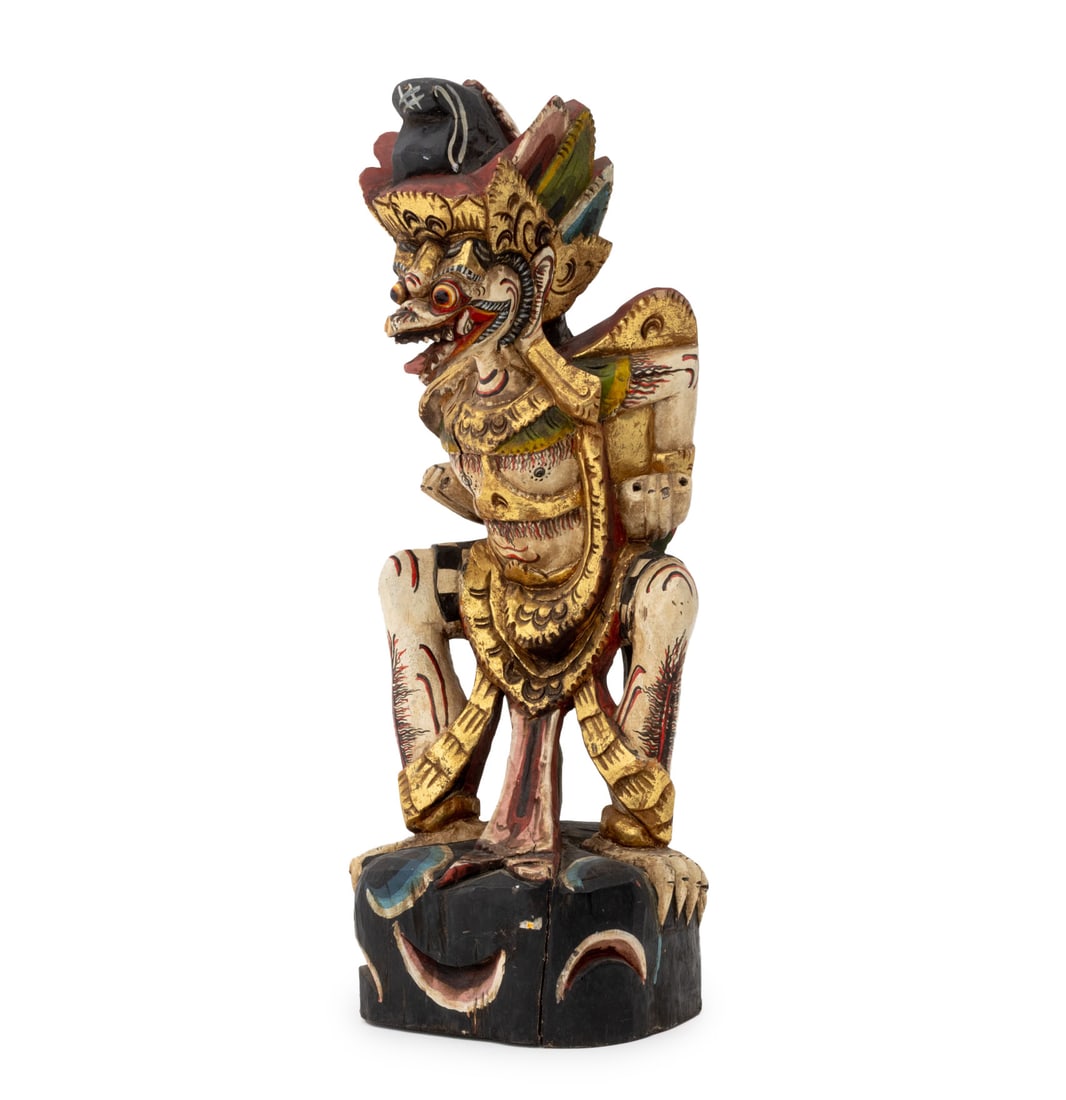 Balinese Polychromed Carved Wood Garuda Sculpture: Balinese Polychrome Painted and Carved Wood Garuda Sculpture, with gilded accents. 23.5" H x 11" W x 10" D. Provenance: From the Estate of Joseph Lawrence Gardella. Keywords: Statue, Figurine,