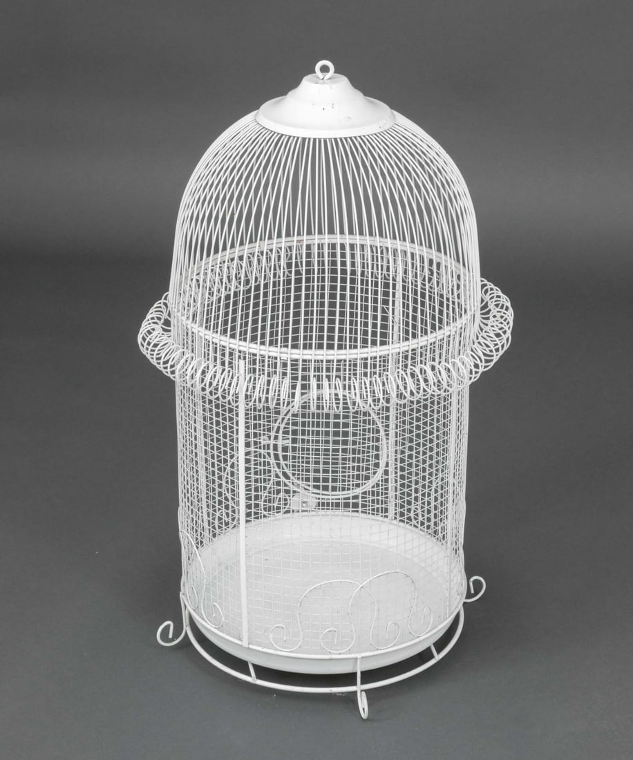 Vintage White Wrought Iron Dome Birdcage - 8