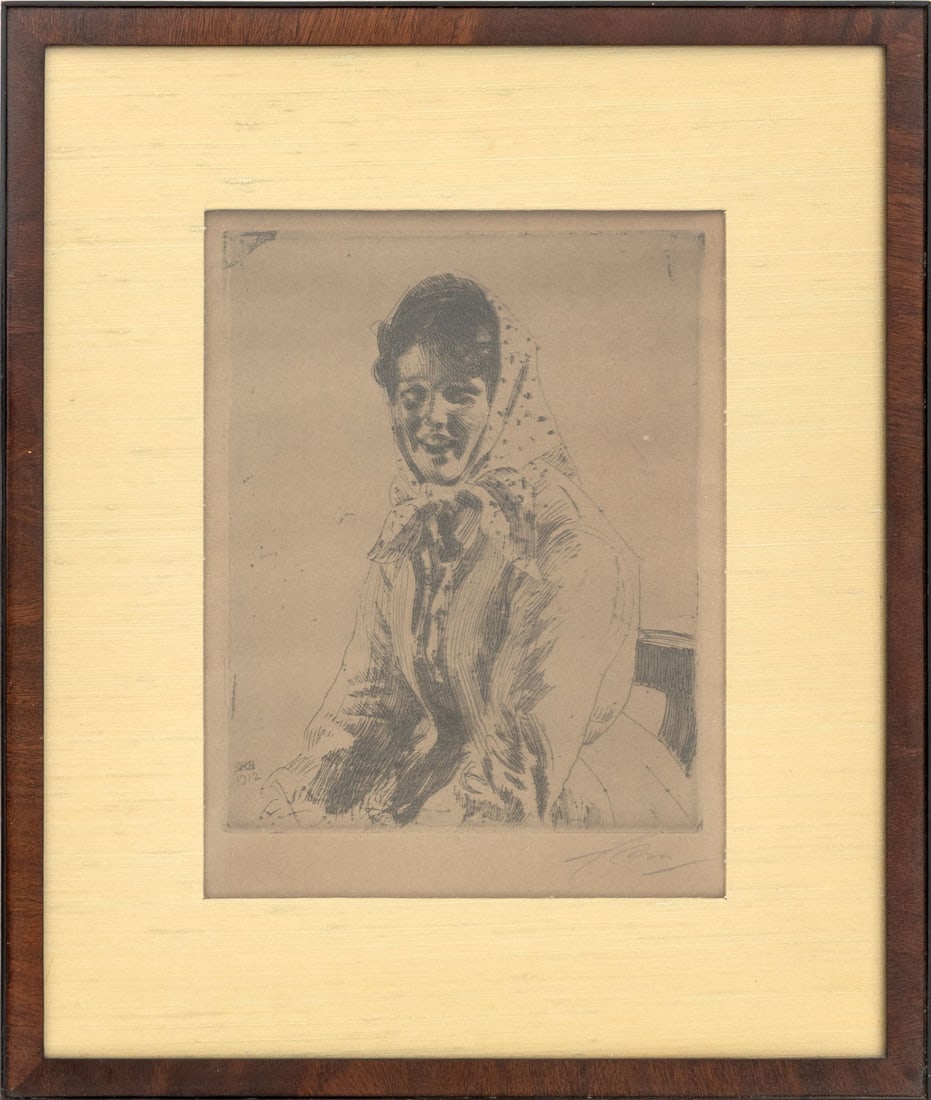 Anders Zorn "A Skeri Girl" Etching, 1912: Anders Leonard Zorn (Swedish, 1860-1920), "A Skeri Girl", Etching on Paper, 1912, signed in pencil lower right, wood frame. Image: 9.5" H x 7.5" W; frame: 17.75" H x 15" W x 0.5" D. Provenance: From