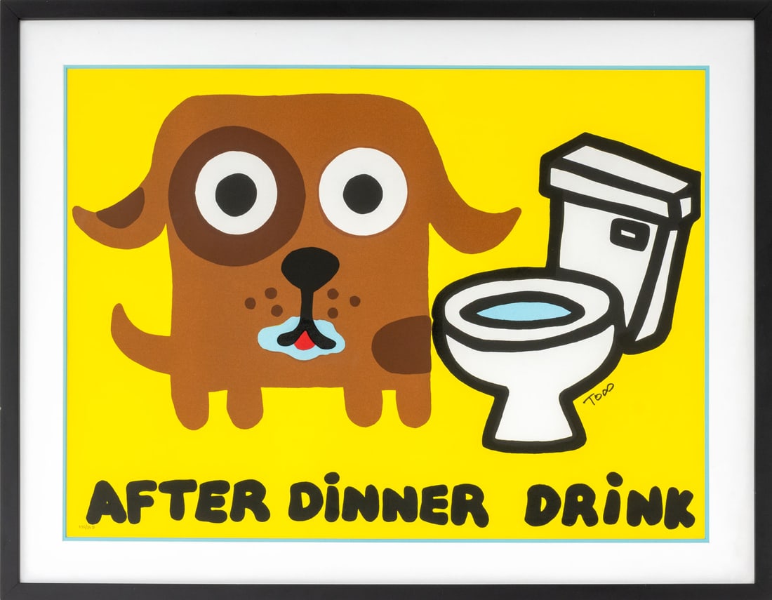 Todd Goldman "After Dinner Drink" Lithograph: Todd Goldman (American, b. 1969), "After Dinner Drink", Lithograph in Colors, signed in print lower right, numbered edition "335/350" lower left, ebonized wood frame. Image: 20.75" H x 28" W; frame: