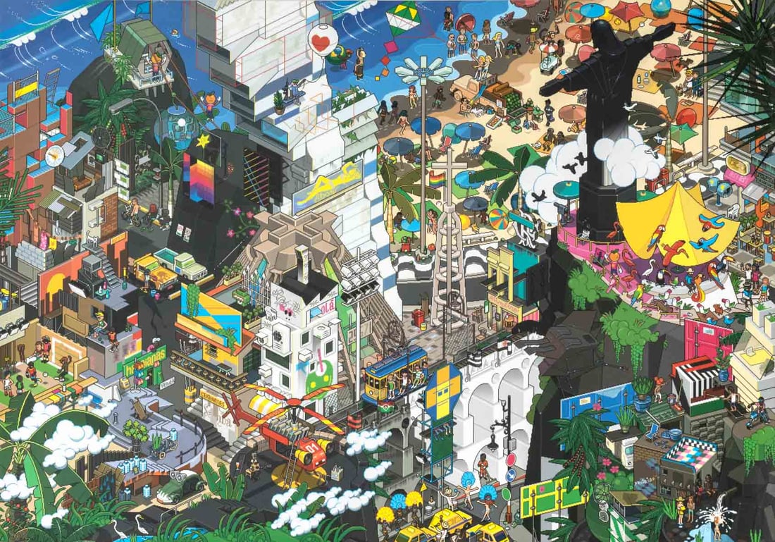 Eboy "Heye Rio" Digital Art Poster: Eboy (XX-XXI), "Heye Rio", Digital Art Poster in Colors, unsigned, mounted on ebonized board, unframed. 32.75" H x 46.5" W x 2" D. Provenance: From a Bronxville Collection. Keywords: Kai Vermeher,