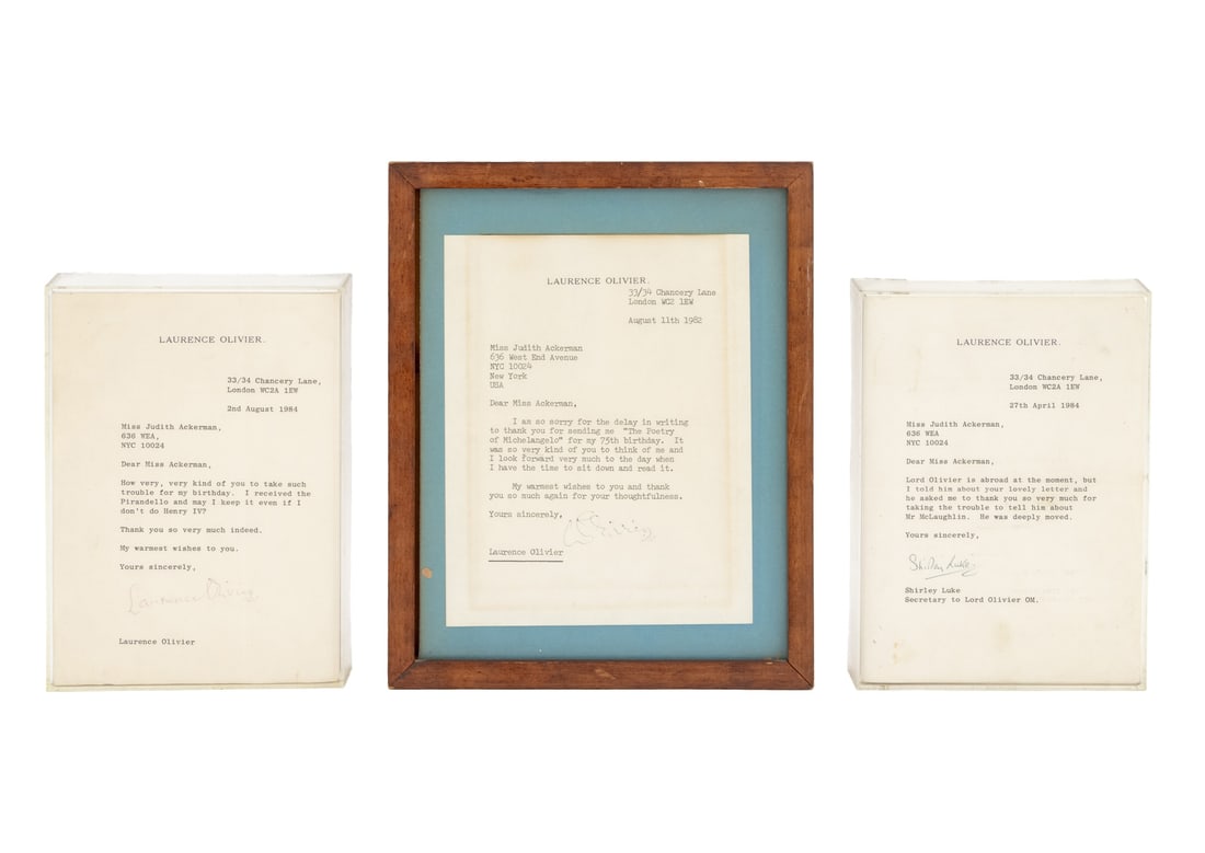 Signed Letters from Laurence Olivier, 3: Collection of 3 Framed Signed Letters from Laurence Olivier to Judith Ackerman. Largest: 9.5" L x 7.5" W x 0.5" D. Provenance: The West End Avenue brownstone of a retired dancer. Keywords:
