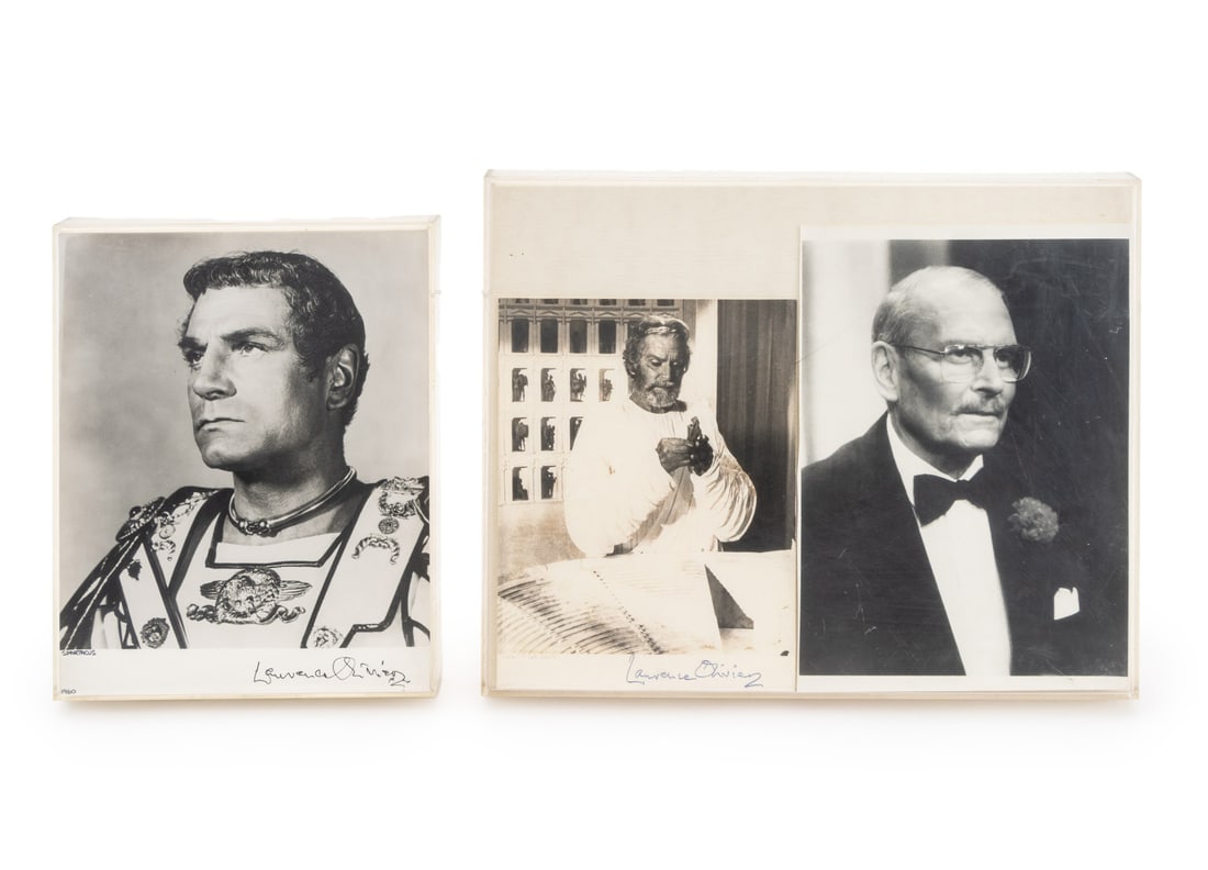 Signed, etc. Laurence Olivier Photographs, 3: Collection of 3 Laurence Olivier Photographs in two frames, comprising: Signed photo Laurence Olivier as Crassus in "Spartacus", dated 1960; Signed photo of Laurence Olivier as Zeus in "Clash of the