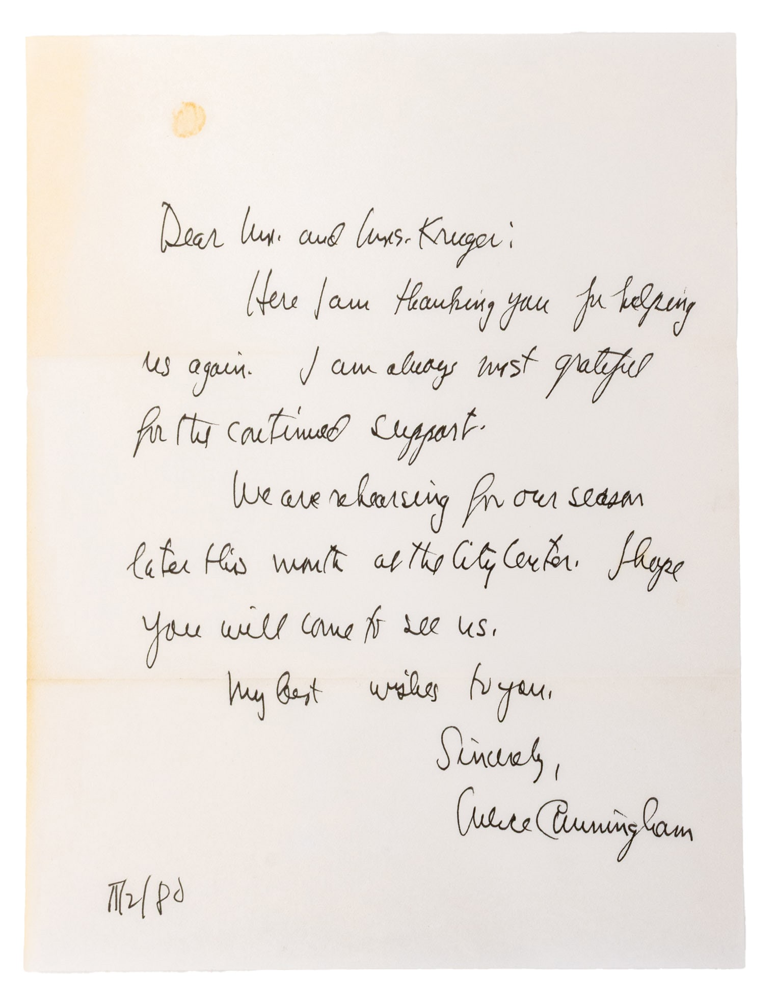Signed Merce Cunningham Handwritten Letter, 1980: Signed Merce Cunningham Handwritten Letter to Laura and Lewis Kruger, 1980. 11" L x 8.5" W. Provenance: From the Collection of Laura and Lewis Kruger. Keywords: Autographs, Ephemera, Document,