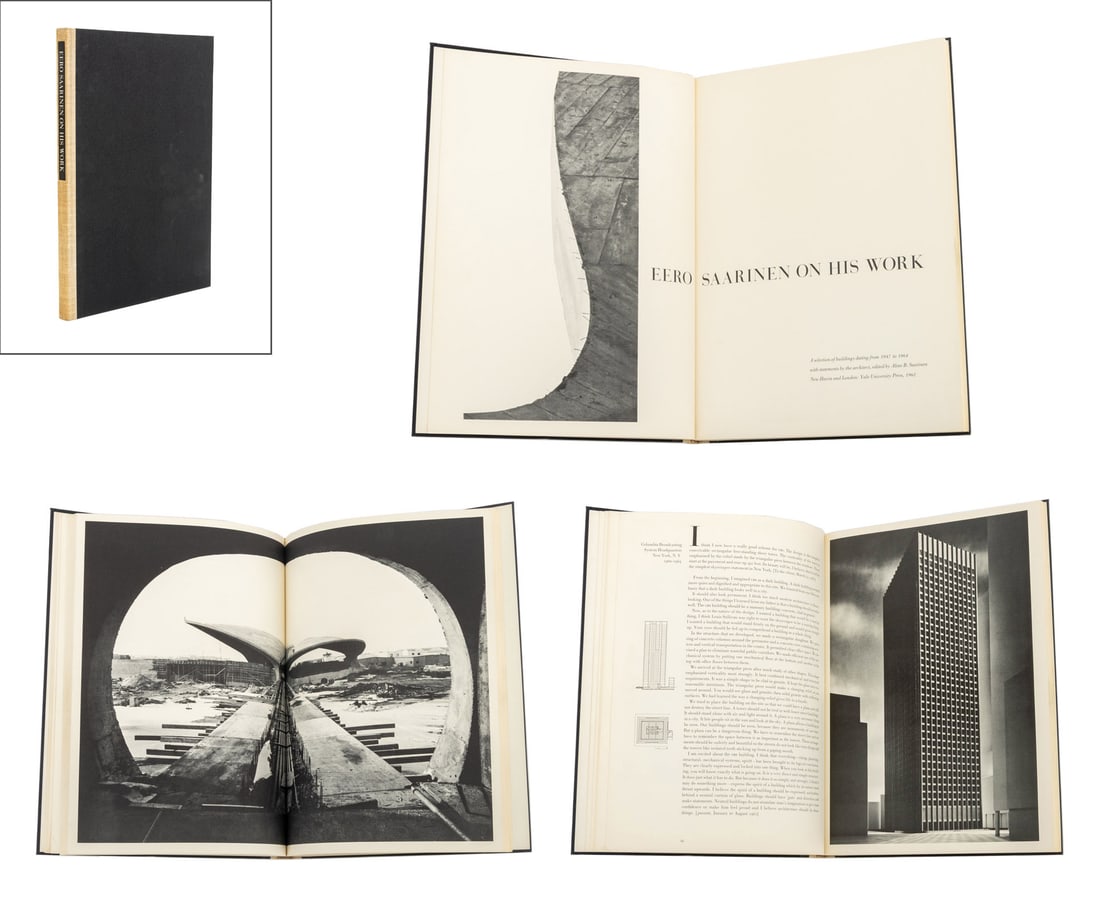 "Eero Saarinen on His Work", 1962: Saarinen, Eero, ed.: Saarinen, Aline B., "Eero Saarinen on His Work", New Haven and London: Yale University Press, 1962. 14.75" x 10.5" W x 0.75" D. Provenance: From a New York City Collection.