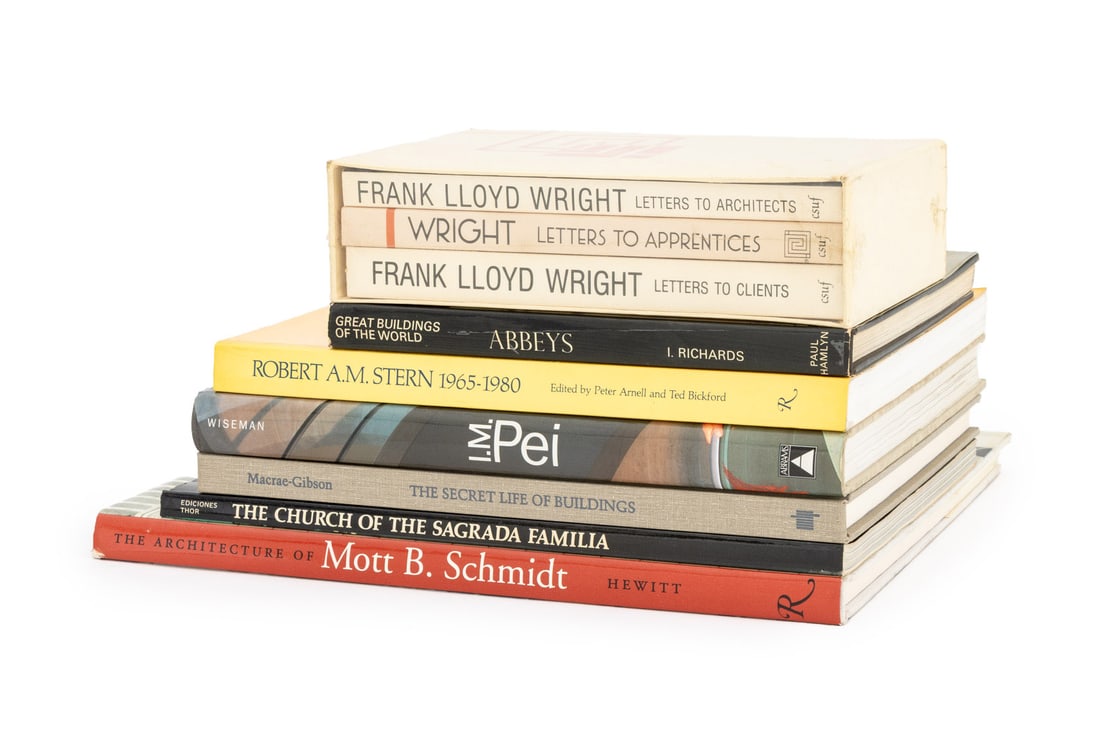 Books on Architecture, 9: Collection of 9 Books on Architecture, comprising: "Great Buildings of the World: Abbeys of Europe", Richard, Ian, "The Secret Life of Buildings", Macrae-Gibson, "The Architecture of Mott B.
