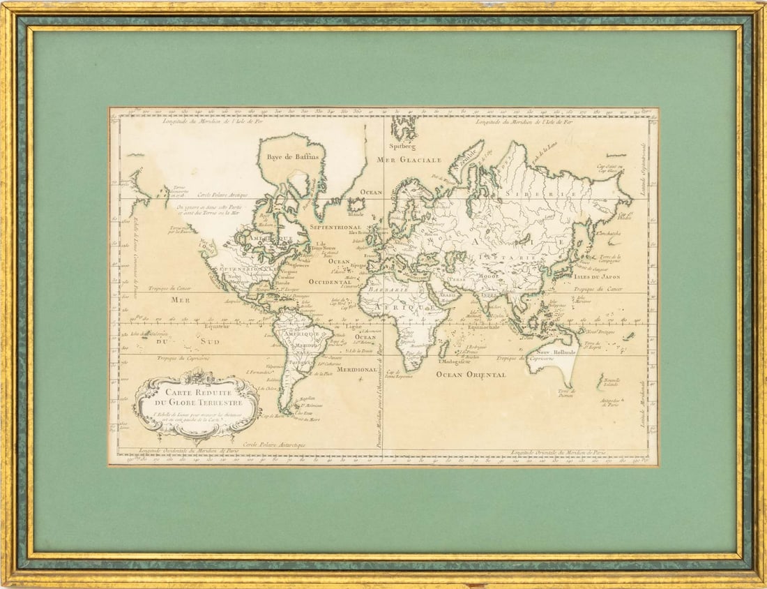 After Jacques Bellin "Carte Reduite ..." Engraving: After Jacques-Nicolas Bellin (French, 1703-1772), "Carte Reduite du Globe Terrestre", Engraved Map, printed early 20th century, giltwood frame. Image: 8.75" H x 13.5" W; frame: 14.5" H x 19" W x