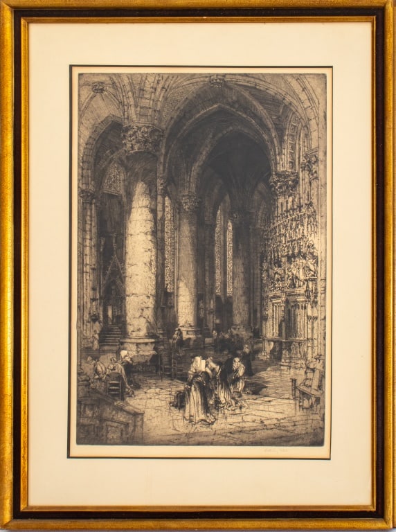 Hedley Fitton "Morning St. Etienne..." Etching: Hedley Fitton (English, 1869-1929), "Morning - St. Etienne du Mont, Paris", Etching, signed in pencil lower right, giltwood frame. Image: 24" H x 16" W; frame: 34.5" H x 25.5" W. Provenance: From a