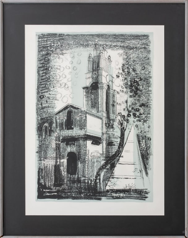 John Piper "St Anne's Limehouse London" Lithograph: John Egerton Christmas Piper (English, 1903-1992), "St. Anne?s, Limehouse, London: by Nicholas Hawksmoor", Lithograph, 1964, apparently unsigned, grey-painted frame. Image: 26.5" H x 18.5" W; frame: