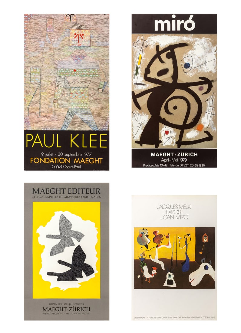 Galerie Maeght, Etc. Exhibition Posters, 4: Collection of Four Exhibition Posters, comprising: "Miro", Maeght Zurich, 1979, "Paul Klee", Fondation Maeght, 1977, Maeght Editeur Lithographies et Gravures Originale, and "Jacques Melki Expose / Joa