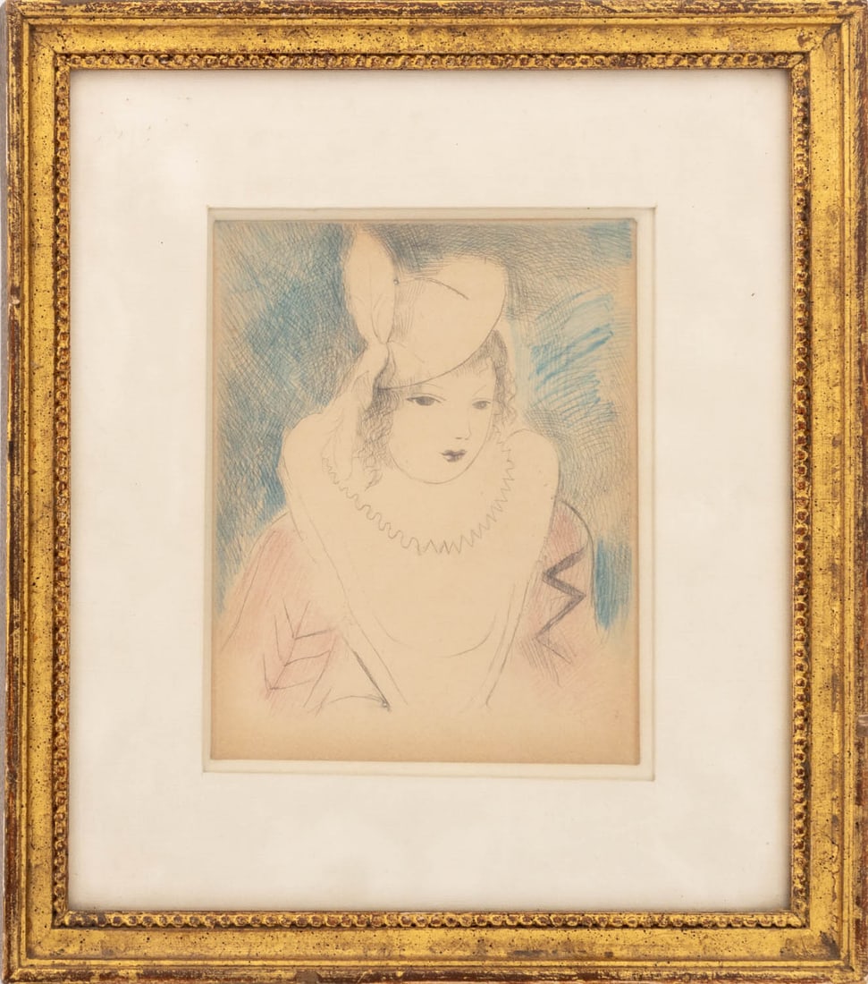 Marie Laurencin "Le Duchesse de Longueville", 1947: Marie Laurencin (French, 1883-1956), "Le Duchesse de Longueville", Lithograph in Colors on Paper, circa 1947, apparently unsigned, giltwood frame. Image: 5.75" H x 4.5" W; frame: 10.5" H x 9" W x