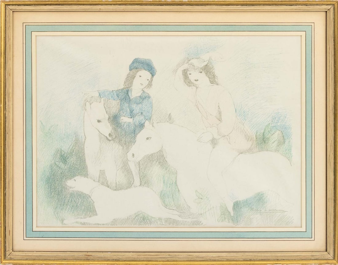 Marie Laurencin "Jeunes Femmes a Cheval ...": Marie Laurencin (French, 1883-1956),"Jeunes Filles a Cheval avec un Chien" [Young Girls on Horseback with a Dog], Lithograph in Colors on Paper, signed in plate lower right, silvered wood frame.