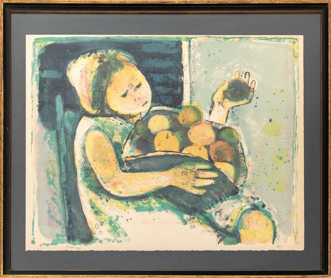 Serge Shart Female Fruit Seller Lithograph, 1987: Serge Shart (Lebanese, 1927-2011), Female Street Vendor, Lithograph, 1987, signed in pencil and dated lower left, numbered edition "41/75", giltwood frame. Image: 23.75" H x 26.5" W; frame: 26.5" H x