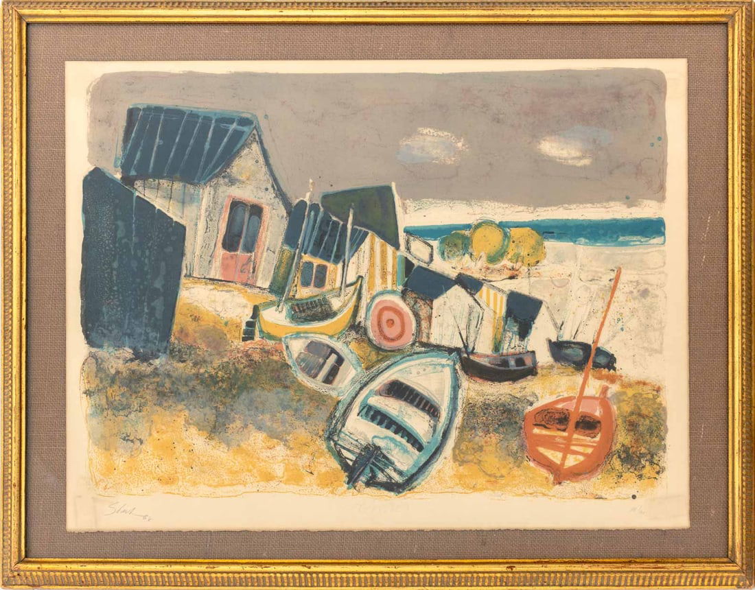 Serge Shart Fisherman Huts Lithograph, 1968: Serge Shart (Lebanese, 1927-2011), Fisherman Huts, Lithograph in Colors, 1968. signed in pencil and dated lower left, numbered edition "38/100" lower right, giltwood frame. Image: 18.5" H x 24.5" W; s