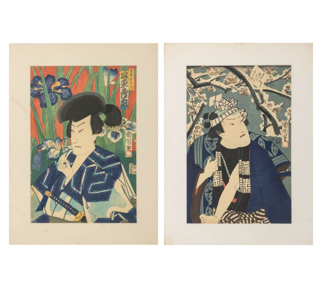 Toyohara Kunichika Kabuki Actor Scene Woodblock, 2: Toyohara Kunichika (Japanese, 1835-1900), Two Kabuki Actor Scene, Woodblock Prints in Colors, one depicting Bando Hikosaburo V as Nizaemon with iris flowers behind, and one from "The Seven Poems for G