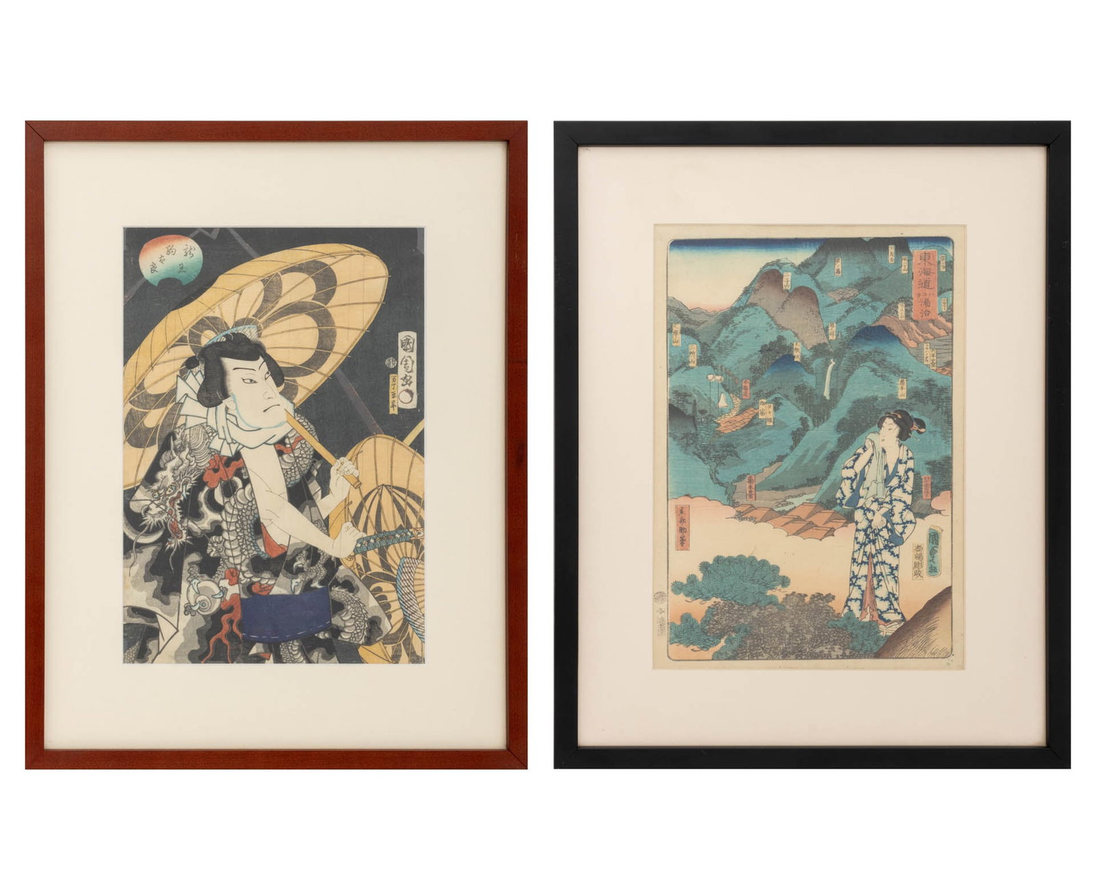 Japanese School Ukiyo-e Woodblock Prints, 2: Japanese School, Two Woodblock Prints in Colors, comprising, Utagawa Kunisada II (Japanese, 1823-1880), "Hakone Hot Springs" from Famous Views of the Tokaido, signed in print, black frame and Toyohara