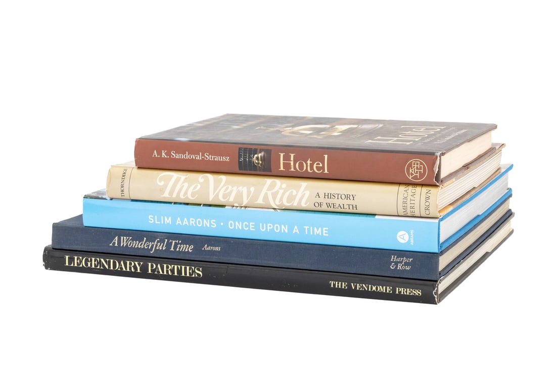 Books on Wealth and Luxury, 5: Collection of Five Books on Wealth and Luxury, comprising: "Hotel: An American History", Sandoval-Strausz, A.K., "The Very Rich: A History of Wealth", Thorndike, Jr., Joseph J., "Legendary Parties: 19