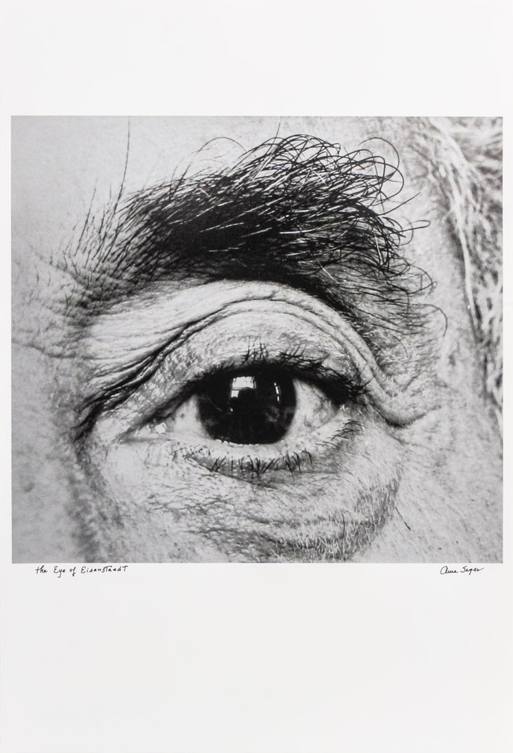 Anne Sager "Eye of Eisenstaedt" Photograph: Anne Sager (American, 1930-2024), "The Eye of Eisenstaedt", Black and White Photograph, depicting the eye of Alfred Eisenstaedt (American, 1898-1995), titled lower left, signed lower right, unframed.