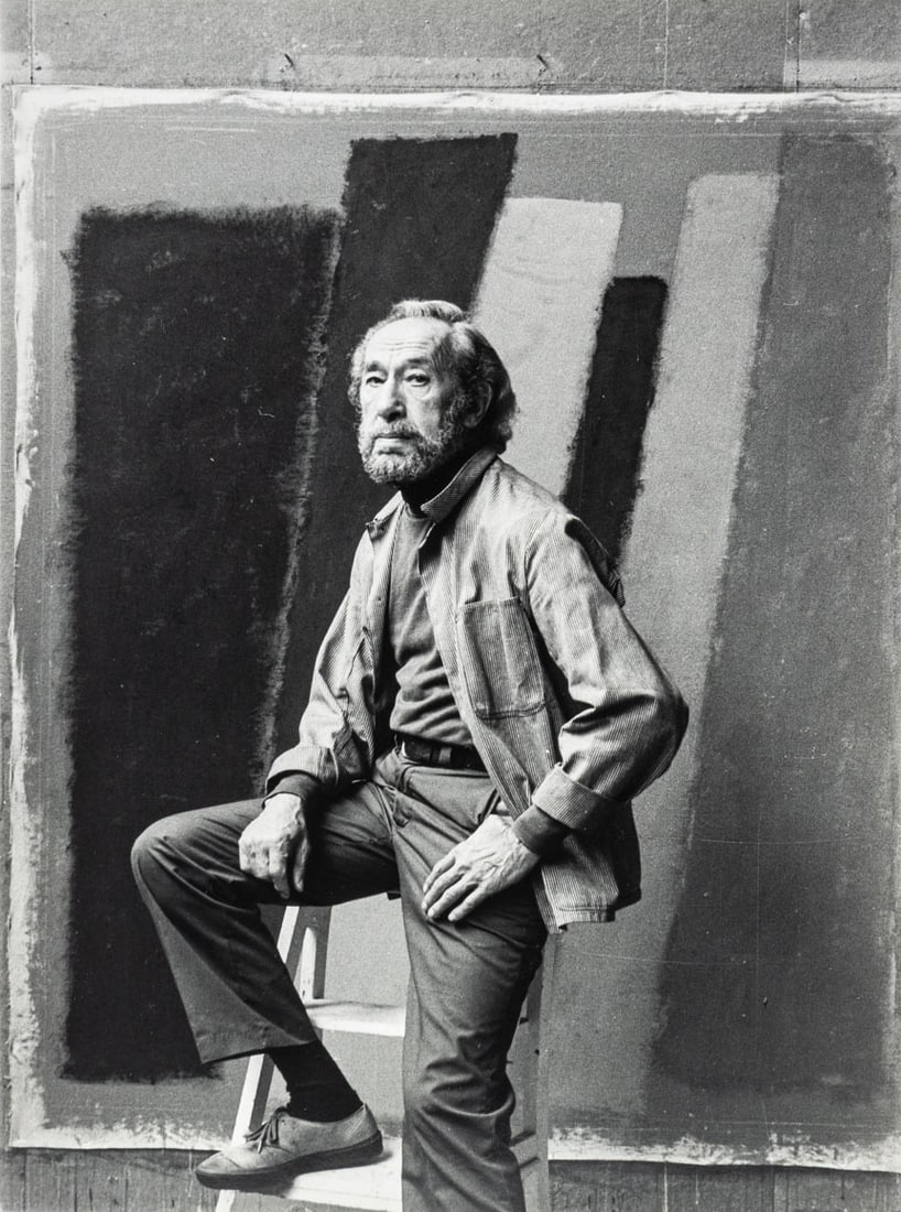 Anne Sager Portrait of John Opper Silver Print: Anne Sager (American, 1930-2024), Portrait of John Opper, Gelatin Silver Print, depicting the painter John Opper (American, 1908-1994) in front of one of his works, inscribed "John Opper" and stamped