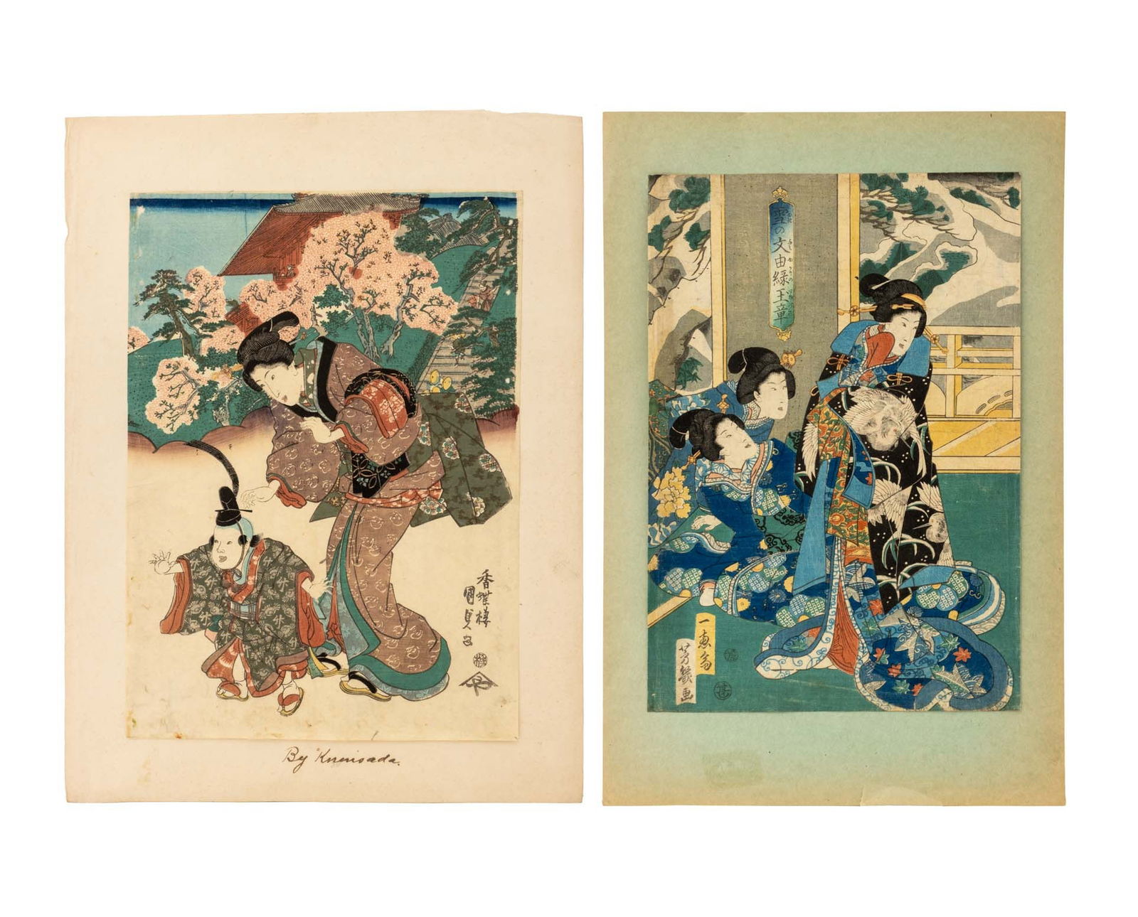 Utagawa Kunisada Bijin-ga Woodblock Prints, 2: Utagawa Kunisada (Toyokuni III, Japanese, 1786-1865), Two Bijin-ga Scenes, Woodblock Print in Colors, unframed. Larger: 14.25" H x 10.25" W. Provenance: From the Estate of Joseph Lawrence Gardella.