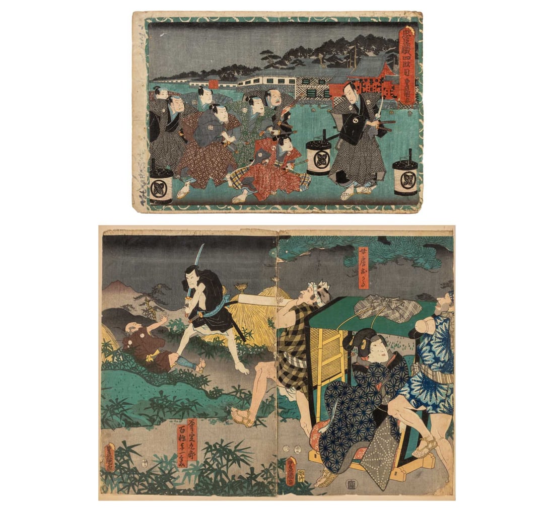 Utagawa Kunisada Figural Woodblock Prints, 2: Utagawa Kunisada (Toyokuni III, Japanese, 1786-1865), Two Figural Group Scenes, Woodblock Prints in Colors, comprising: "Hangan's Dagger", 1865, with Certificate of Authenticity from Paul L. Knutson,