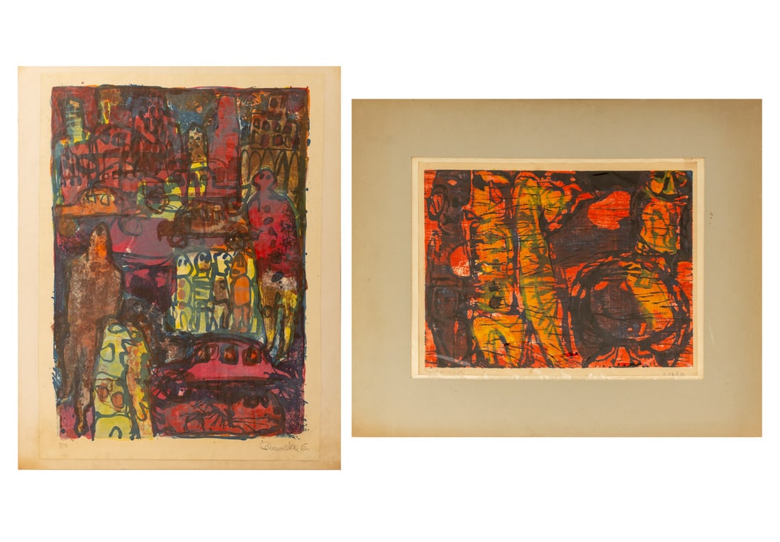 Elfi Schuselka Abstractions Lithographs, 1965, 2: Elfi Schuselka (Austrian, b. 1940), Two Abstract and Figural Compositions, Lithographs in Colors, 1965, one signed and dated in pencil lower right and one signed in pencil lower left, unframed. Larger