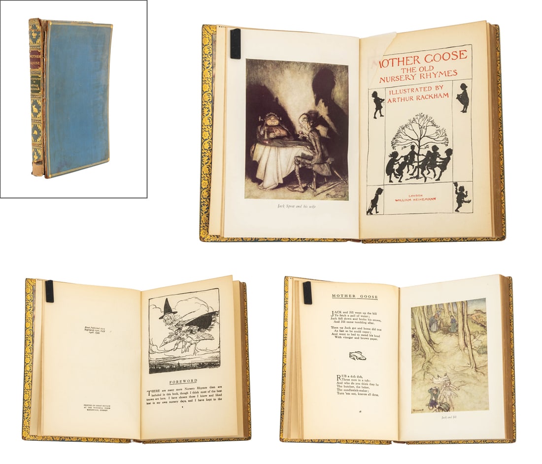 Arthur Rackham "Mother Goose", 1949: Illus.: Rackham, Arthur, "Mother Goose The Old Nursery Rhymes", London: William Heinemann, 1949. 8" L x 5.75" W x 1" D. Provenance: From a New York City Collection. Keywords: Books, Illustration, Arti
