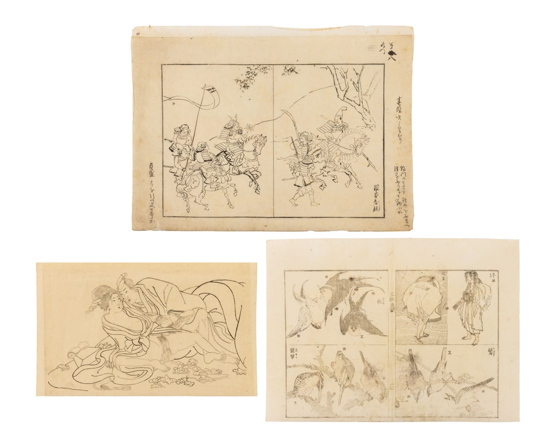 Japanese School Figural Scene Woodblock Prints, 3: Japanese School, Three Figural Group Scenes, Woodblock Prints on Paper, one depicting samurai warriors, one an erotic scene, and one Katsushika Hokusai (Japanese, 1760-1849) santai gafu bird and figur