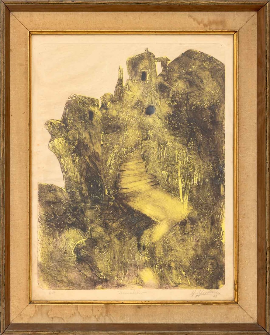 Yehuda Yordan "Jersualem" Collagraph, 1965: Yehuda Yordan (Turkish, b. 1941), "Jersualem", Collagraph in Colors on Paper, 1965, artist proof, signed in pencil lower right, titled lower center, inscribed "A.P." and dated lower left, wood frame.