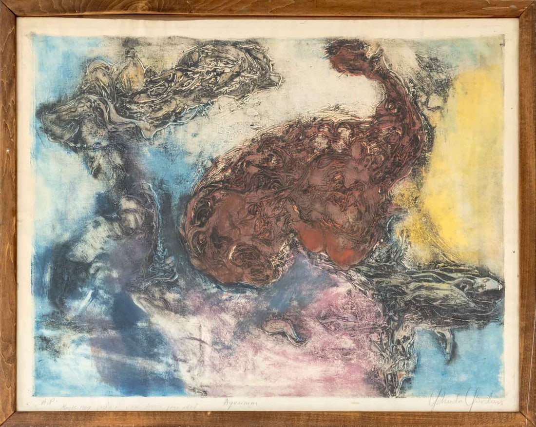 Yehuda Yordan "Aquarium" Collagraph, 1967: Yehuda Yordan (Turkish, b. 1941), "Aquarium", Collagraph in Colors on Paper, 1967, artist proof, signed in pencil lower right, titled lower center, inscribed "A.P." and dated lower left, wood frame.