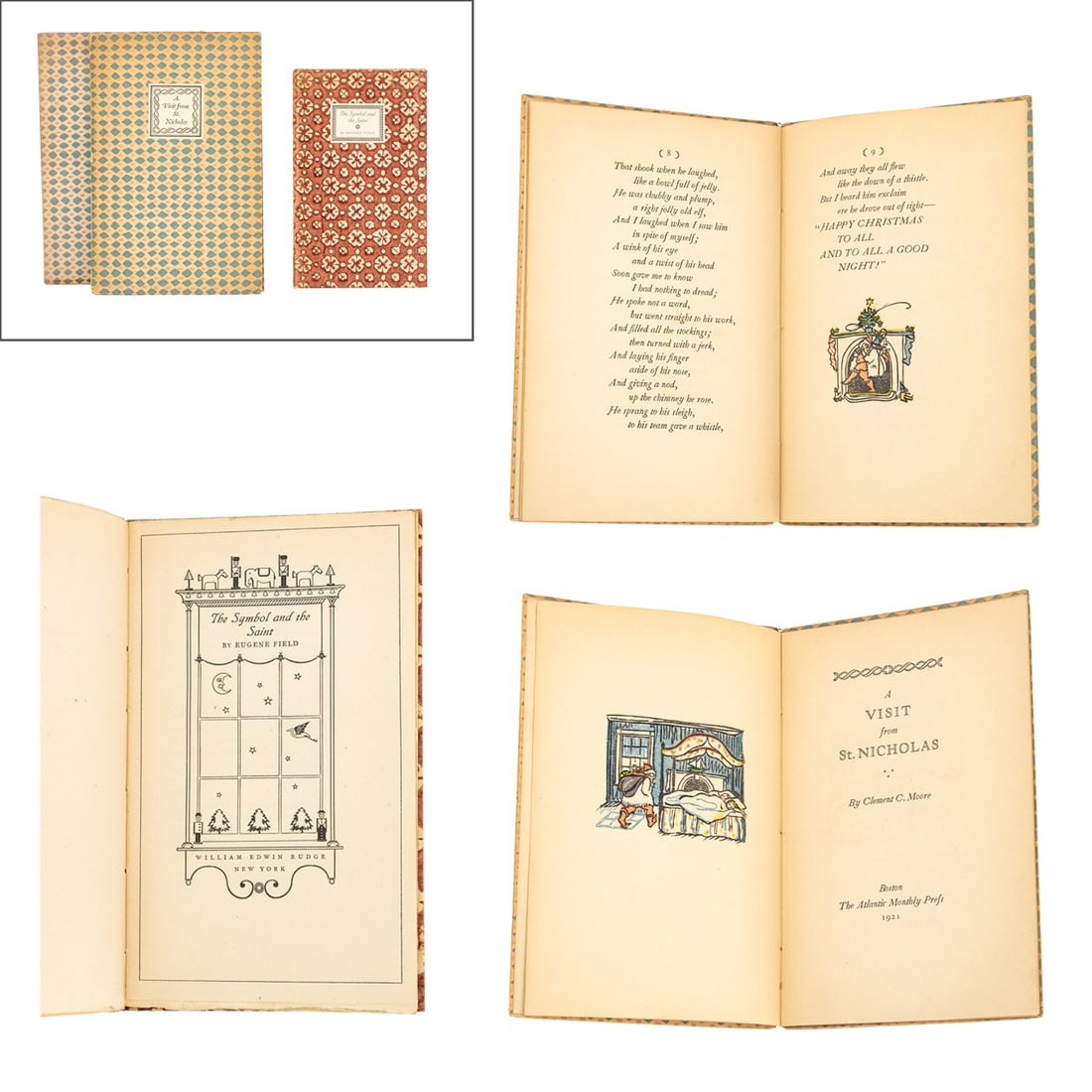 Limited Editions Printed by William Edwin Rudge, 3: Collection of 3 Limited Editions Printed by William Edwin Rudge, comprising: "The Symbol and the Saint", Field, Eugene, one of 300 copies, two copies of "A Visit from Saint Nicholas", Moore, Clement C