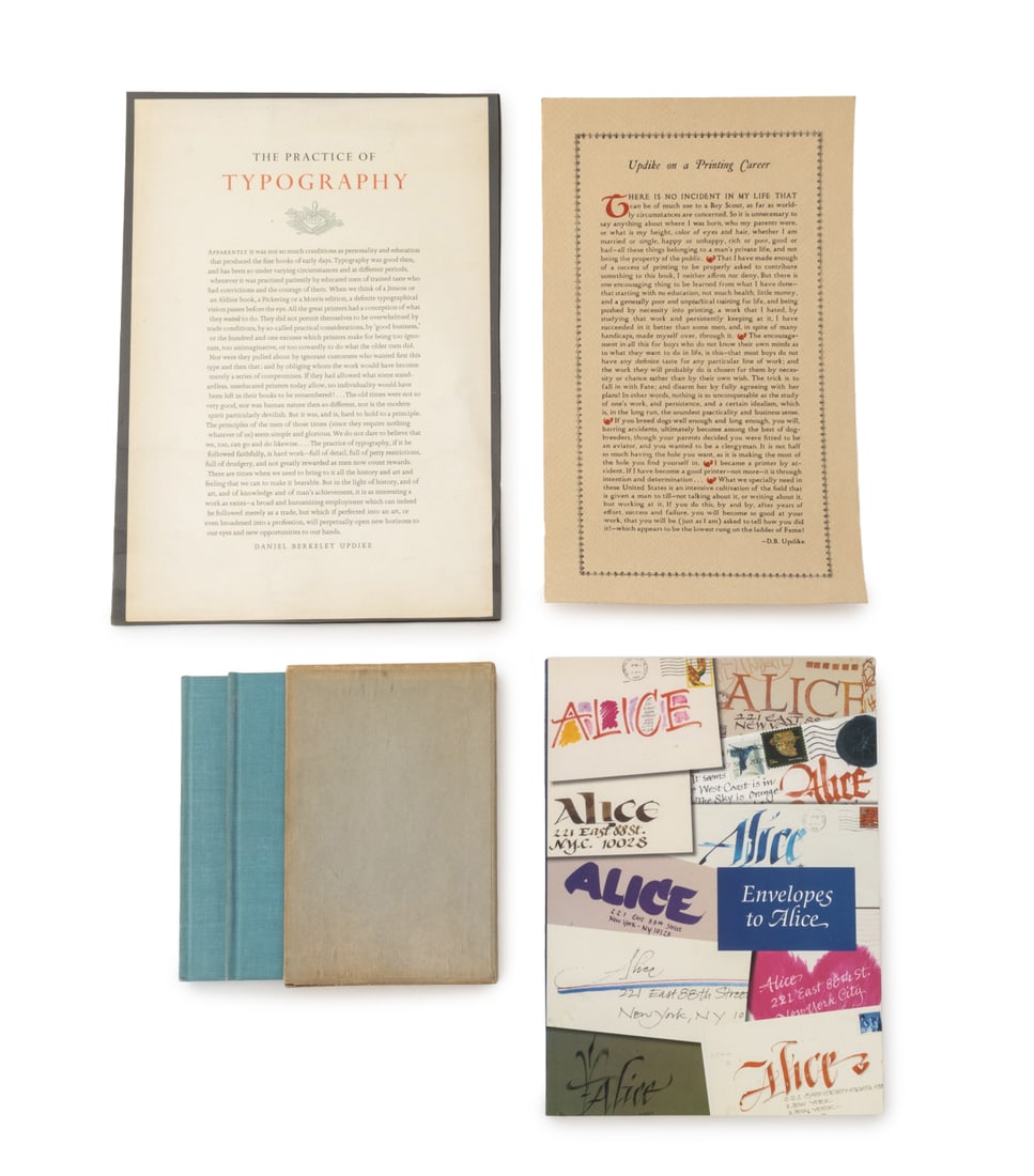 Broadsides and Monographs on Typography, 5: Collection of 5 Broadsides and Monographs on Typography, comprising: "Theodore Low Devinne", Rollins, Carl Purington, 2 volumes in slipcase, "Envelopes to Alice, Typhophiles Monograph, New Series, No.