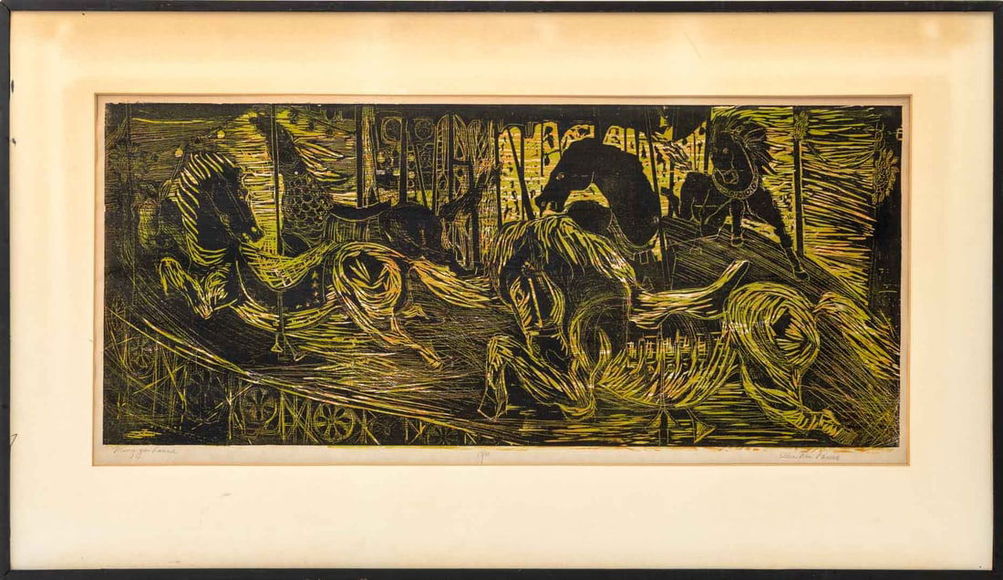 Ellen Rae Panero "Merry Go-Round" Woodcut: Ellen Rae Panero (American, 1933-2019), "Merry Go-Round", Woodcut Print in Colors on Paper, titled, numbered edition "13/50", and signed in pencil to lower border, black composite frame. Image: 15.75"