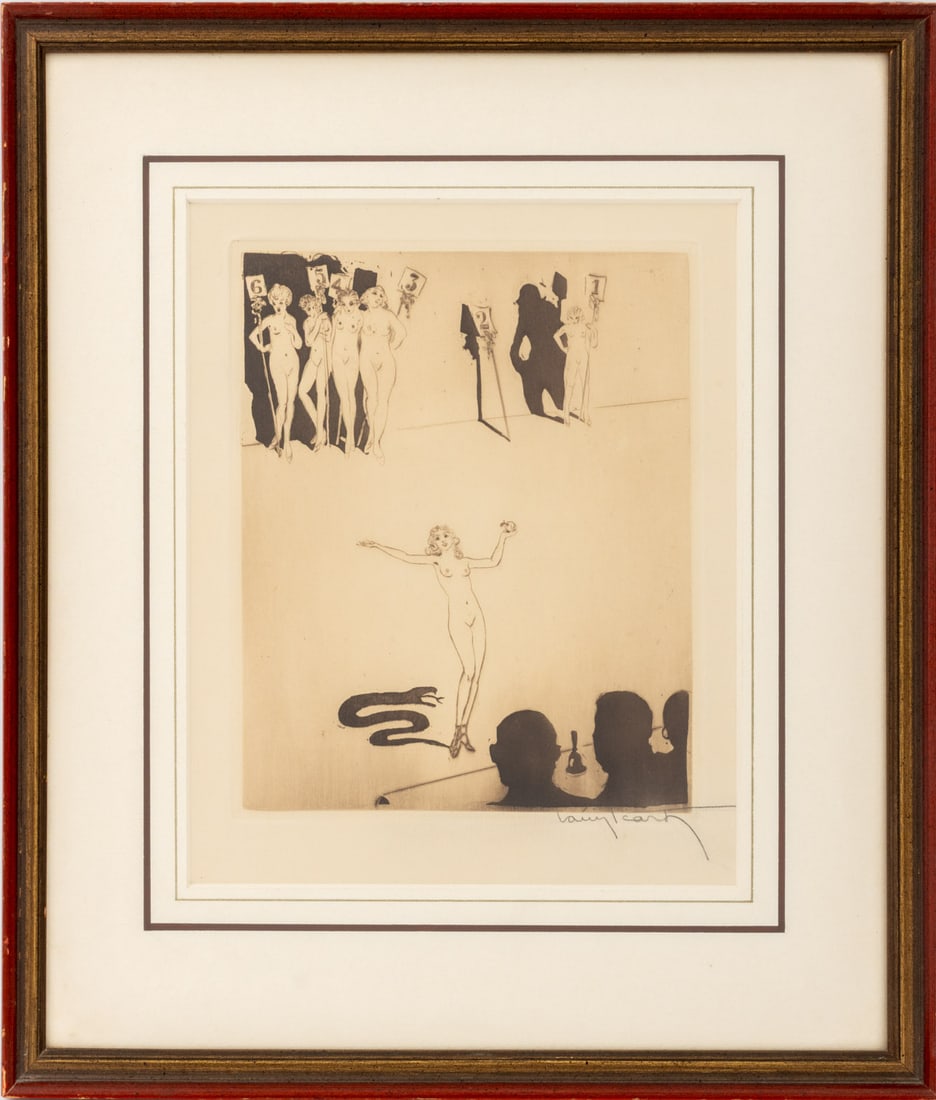 Louis Icart "La Ligue des Danseuses" Etching: Louis Icart (French, 1888-1950), "La Ronde des Danses: La Ligue des Danseuses", Etching, signed in pencil lower right, red lacquered giltwood frame. Image: 7.25" H x 5.75" W; frame: 14" H x 12" W x 0.