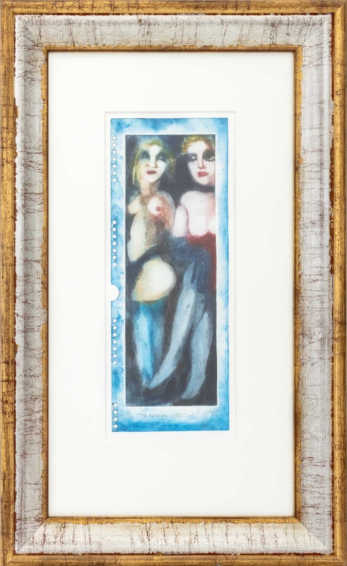 Inge Clayton "The Almanac Girls" Etching: Inge Clayton (Austrian, 1942-2010), "The Almanac Girls", Etching in Colors, signed in pencil lower right, titled lower center and numbered edition "2/12" lower left, giltwood frame. Image: 14.5" H x 5