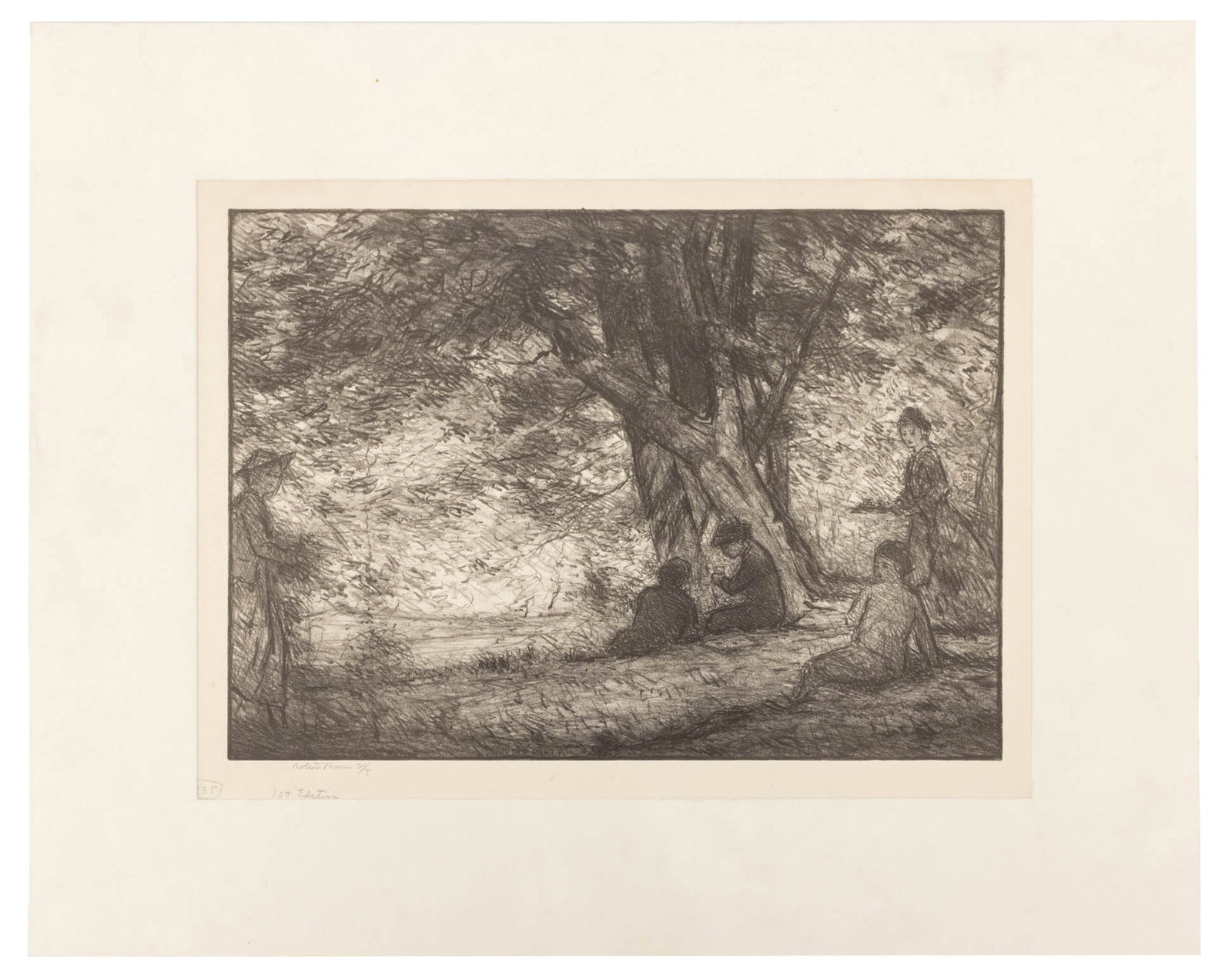 Bolton Brown "The Party" Lithograph, ca. 1925: Bolton Coit Brown (American, 1865-1936), "The Party", Lithograph on Paper, circa 1925, signed in pencil, inscribed "1st Edition", and numbered edition "2/8" lower left, unframed. Image: 9.5" H x 13.25