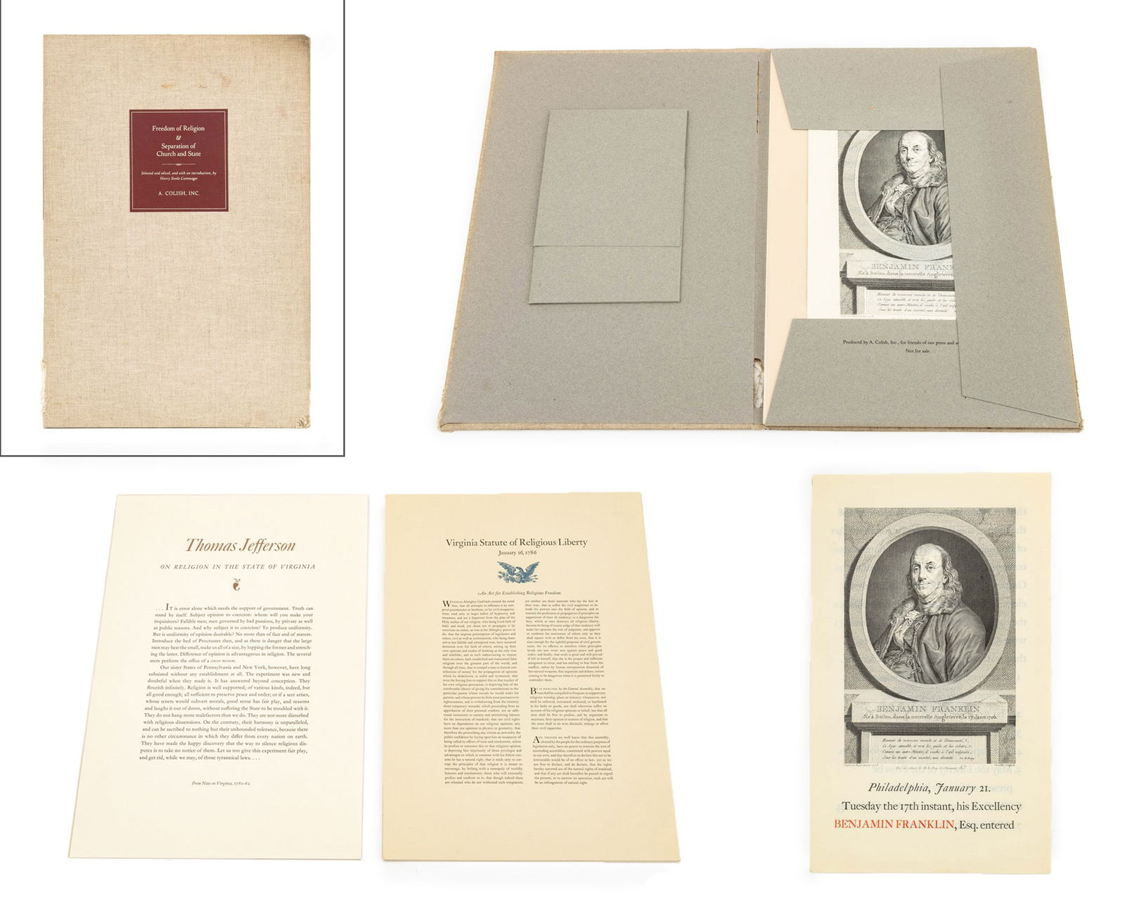 Henry Steele Commager "Freedom of Religion ...": Commager, Henry Steele, "Freedom of Religion & Separation of Church and State", Mount Vernon, NY: A. Colish, Inc., 1985, First edition, one of 2500 copies, pamphlet and broadsides in a linen portfolio